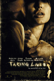 Taking Lives movie poster wall art print with a frightened woman, shadowed male profile, and scratched sepia-black design.