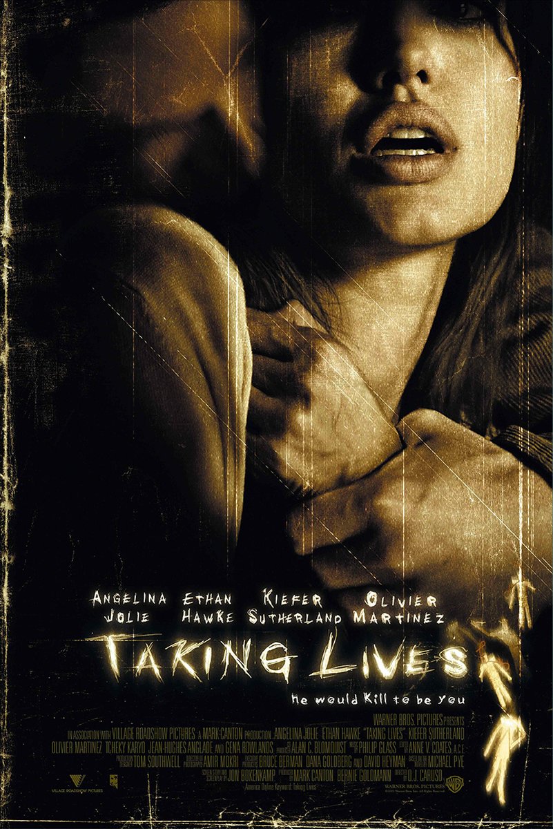 Taking Lives movie poster wall art print with a frightened woman, shadowed male profile, and scratched sepia-black design.