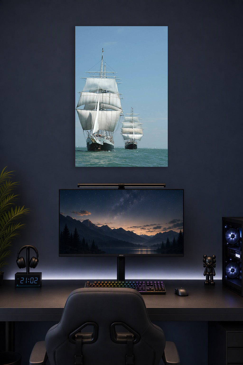 Tall Ships at Sea in a gaming desk setup above a monitor.