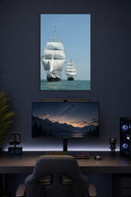 Tall Ships at Sea in a gaming desk setup above a monitor.