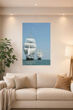 Tall Ships at Sea in a bright living room above a beige sofa.