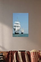 Tall Ships at Sea in a cozy movie room above a brown sofa with popcorn.