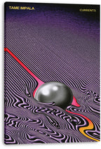 Tame Impala Currents canvas wall art featuring a metallic silver sphere amid purple waves and a vivid red-orange path.