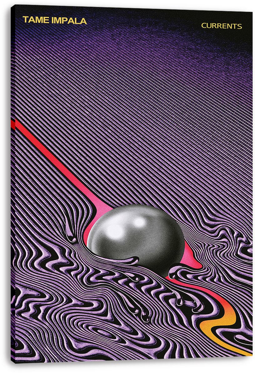 Tame Impala Currents canvas wall art featuring a metallic silver sphere amid purple waves and a vivid red-orange path.