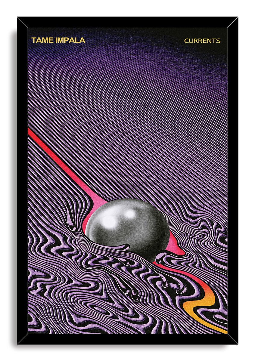 Tame Impala Currents framed wall art print with gold title text, rippling purple lines, silver sphere, and red-orange accent.