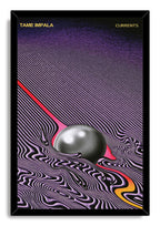 Tame Impala Currents framed wall art print with gold title text, rippling purple lines, silver sphere, and red-orange accent.