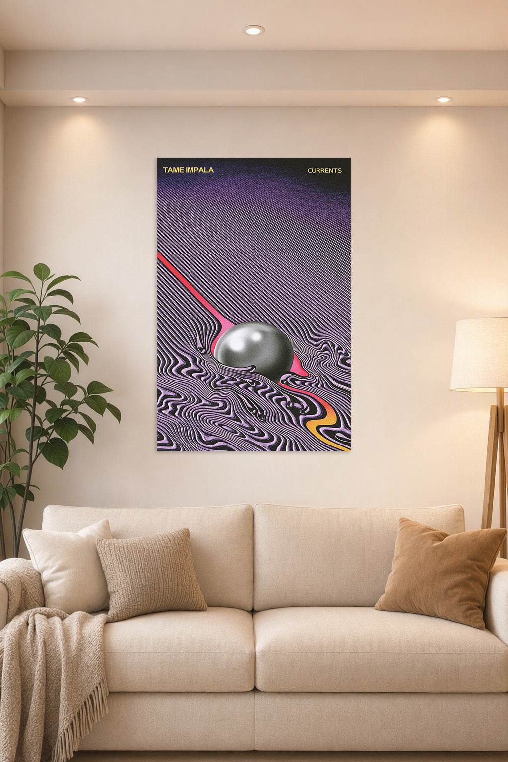 Tame Impala Currents Album Cover Art in a bright living room above a beige sofa.