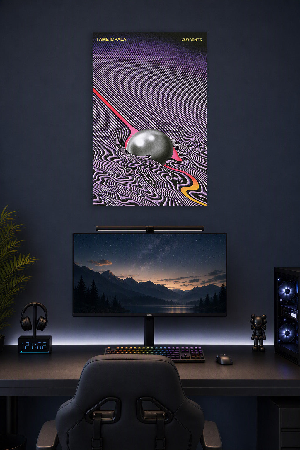 Tame Impala Currents Album Cover Art in a gaming desk setup above a monitor.