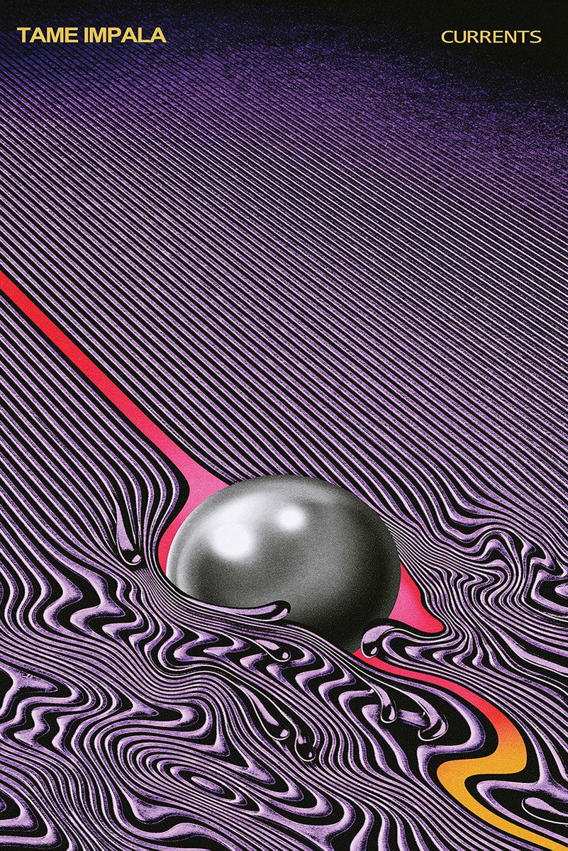 Tame Impala Currents wall art print with purple and black flowing lines, a silver sphere, and red-orange stream.