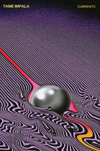 Tame Impala Currents wall art print with purple and black flowing lines, a silver sphere, and red-orange stream.