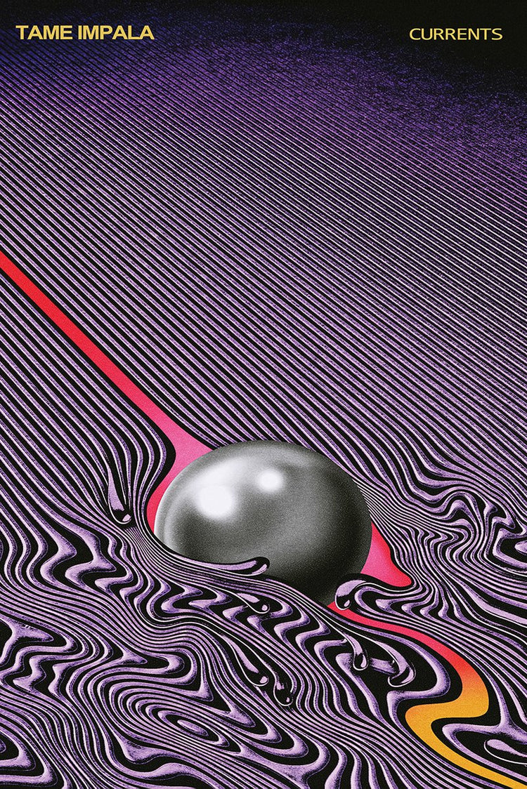 Tame Impala Currents wall art print with purple and black flowing lines, a silver sphere, and red-orange stream.