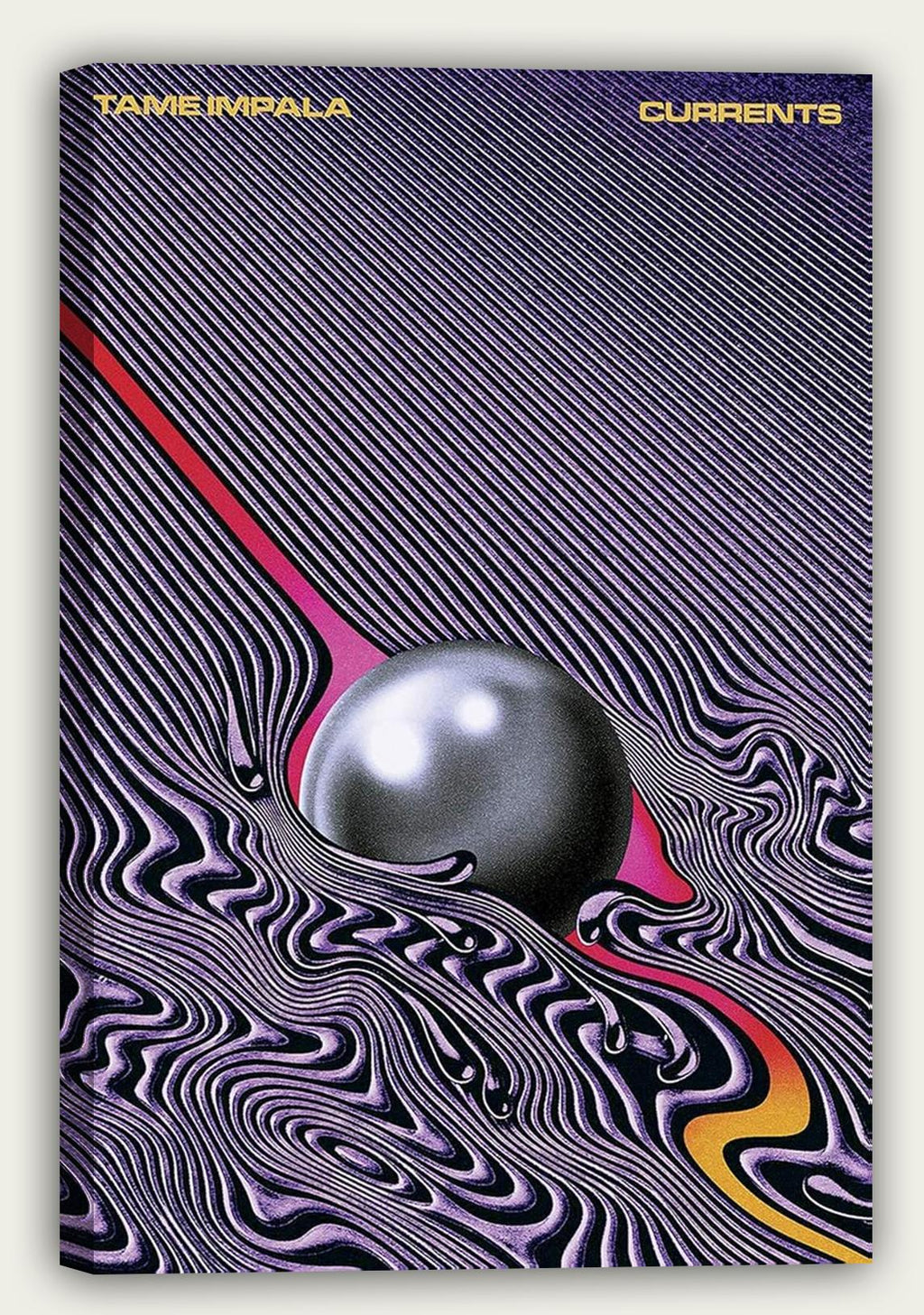 Tame Impala Currents wall art print presented on canvas, featuring a silver orb, wavy purple lines, and a bright gradient ribbon.