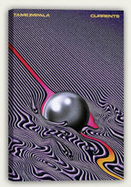 Tame Impala Currents wall art print presented on canvas, featuring a silver orb, wavy purple lines, and a bright gradient ribbon.