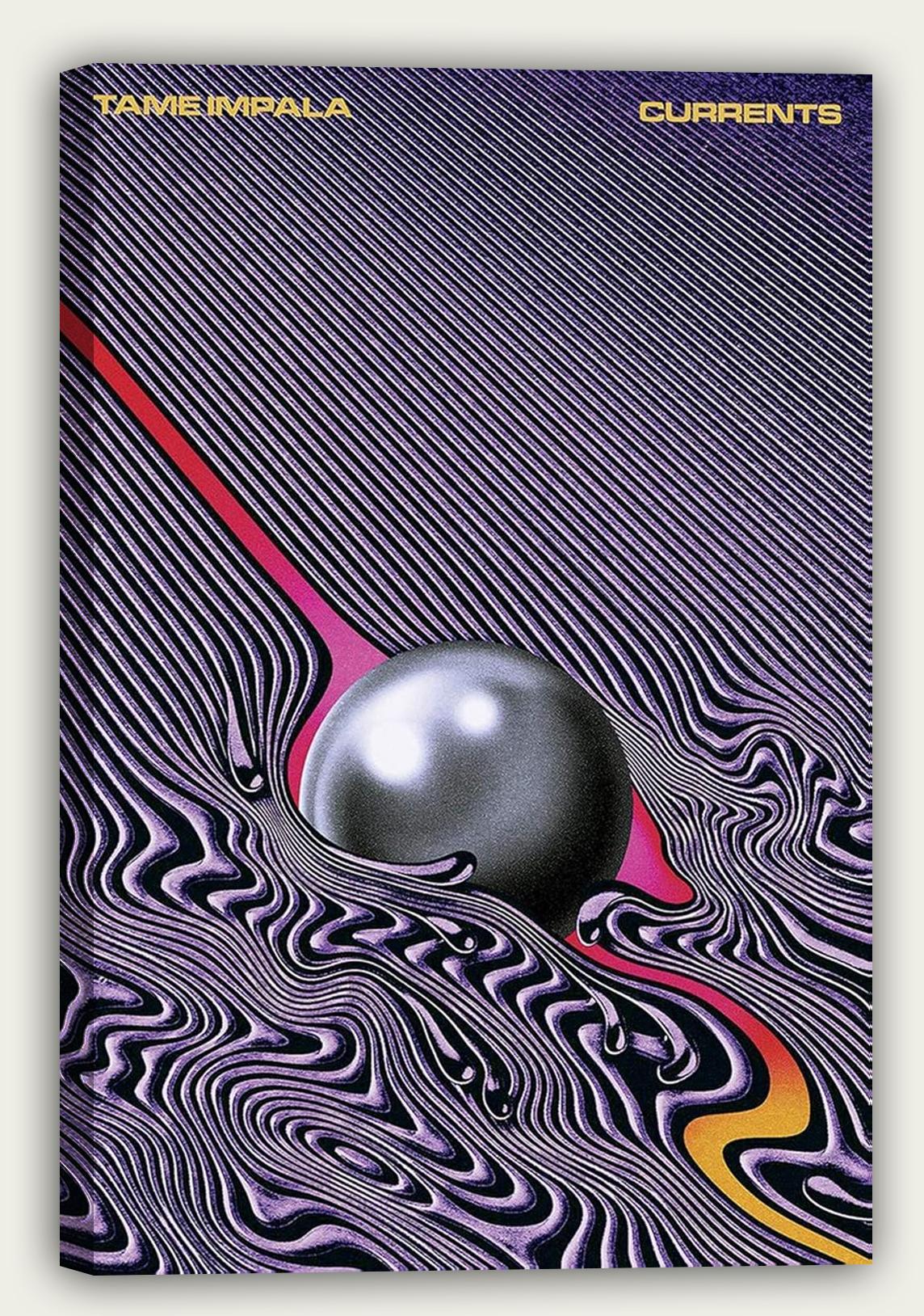 Tame Impala Currents wall art print presented on canvas, featuring a silver orb, wavy purple lines, and a bright gradient ribbon.