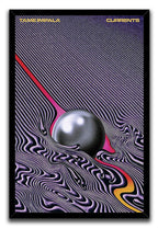Tame Impala Currents framed wall art print with a black border around the silver sphere and swirling purple striped design.