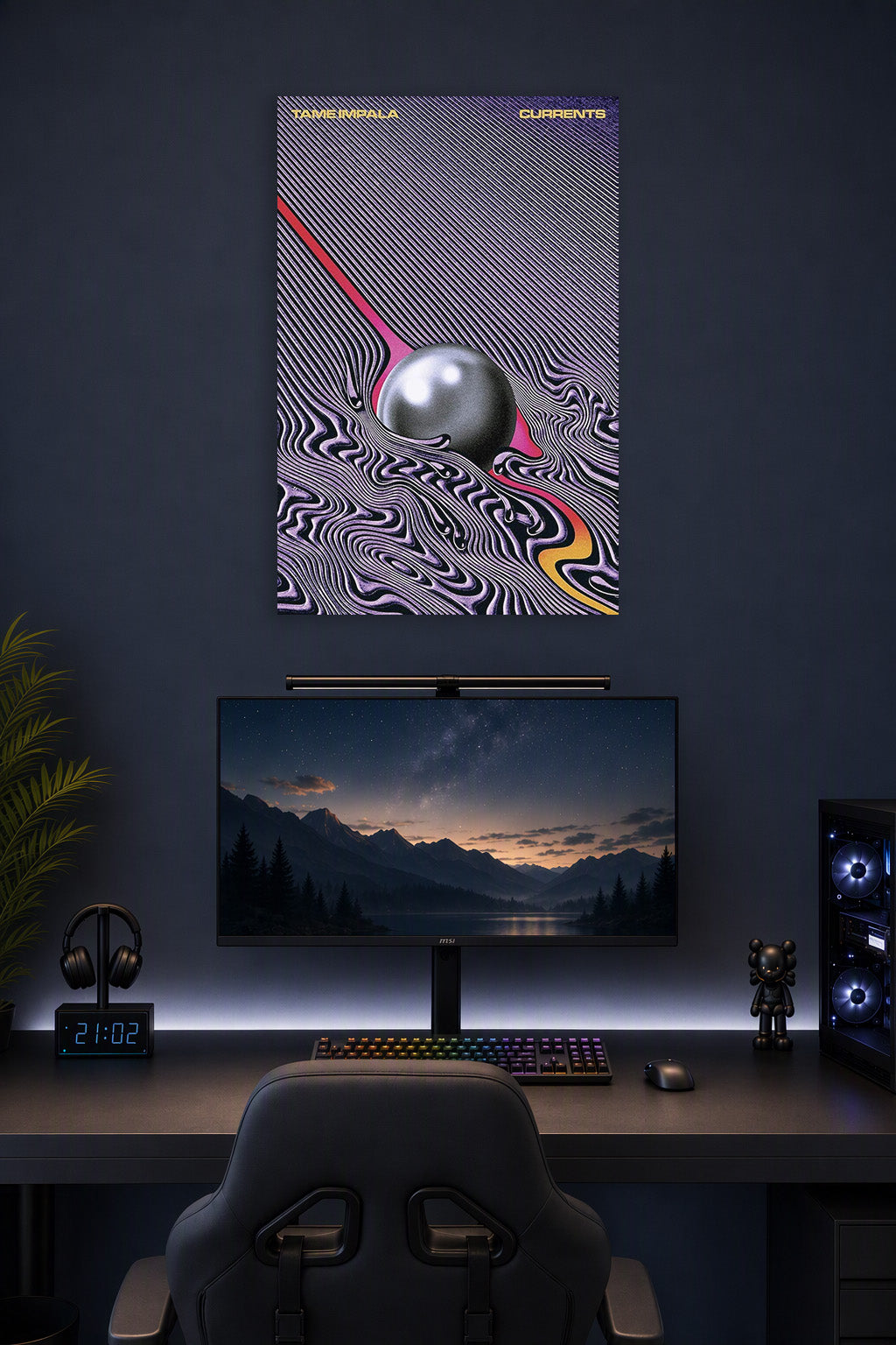 Tame Impala Music Poster in a gaming desk setup above a monitor.