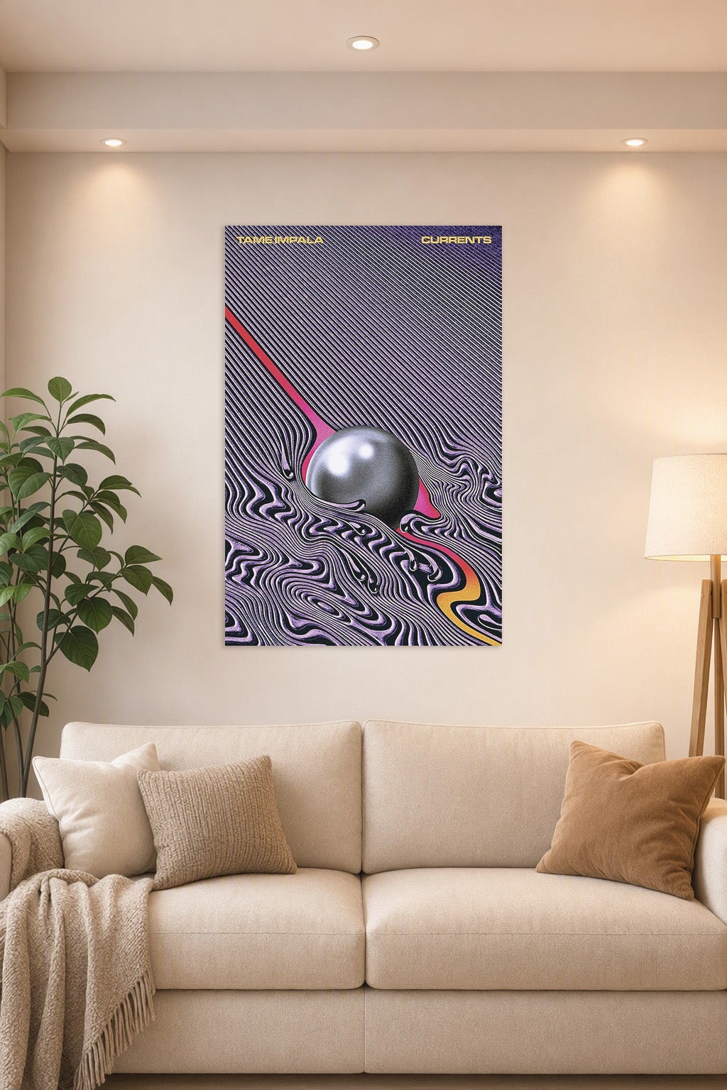 Tame Impala Music Poster in a bright living room above a beige sofa.