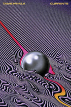 Tame Impala Currents poster with a reflective silver sphere amid flowing purple-black lines and a pink-orange ribbon.