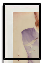 Taylor Swift 1989 framed wall art print with a black border, cropped purple-shirt portrait, and white seagulls on cream.