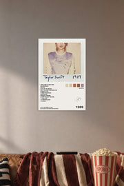 Taylor Swift 1989 Album in a cozy movie room above a brown sofa with popcorn.