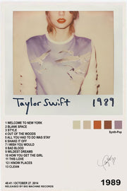 Taylor Swift 1989 wall art print with a Polaroid-style portrait, white seagulls, track list, and cream background.