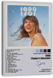 Taylor Swift 1989 Taylor's Version canvas wall art print featuring her smiling beneath seagulls, with album tracklist text.