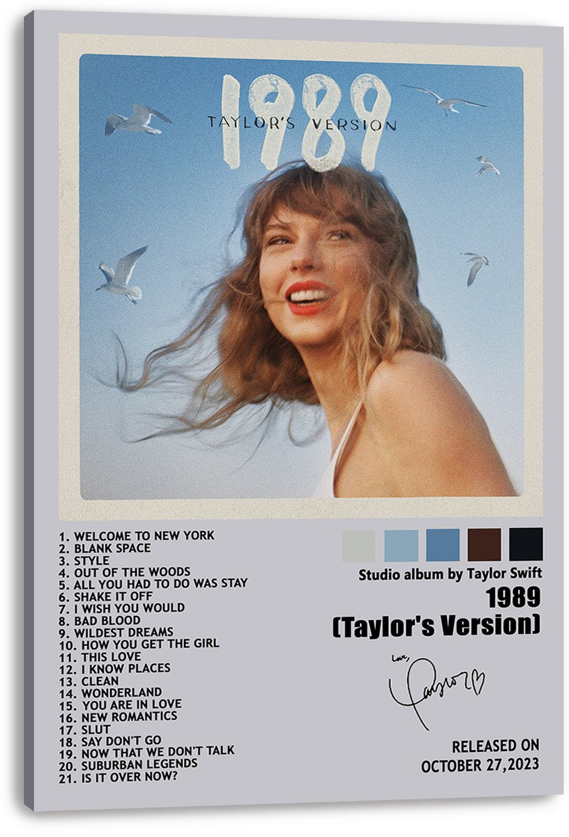 Taylor Swift 1989 Taylor's Version canvas wall art print featuring her smiling beneath seagulls, with album tracklist text.