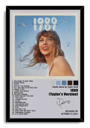 Taylor Swift 1989 Taylor's Version framed wall art print with a blue-sky portrait, seagulls, full tracklist, and October 2023 release date.