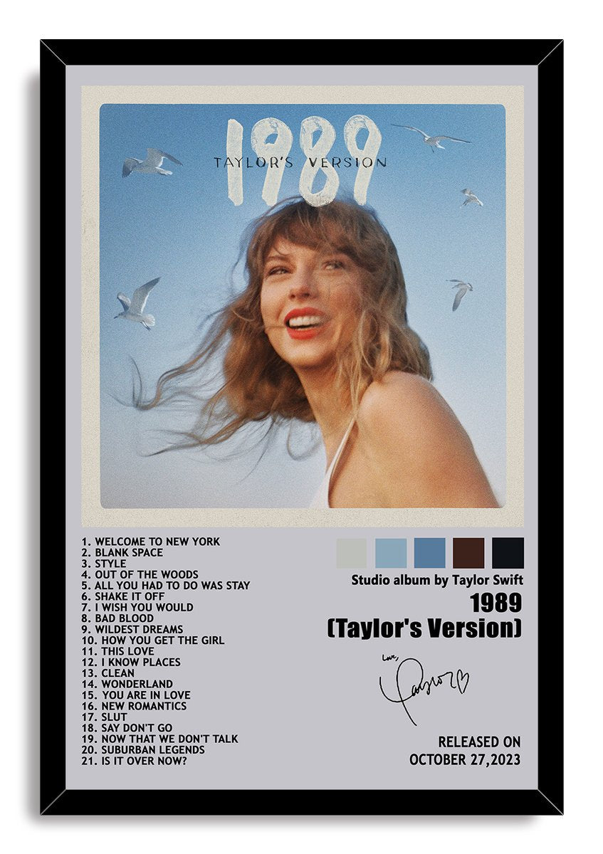Taylor Swift 1989 Taylor's Version framed wall art print with a blue-sky portrait, seagulls, full tracklist, and October 2023 release date.