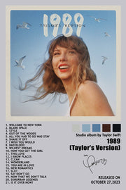 Taylor Swift 1989 Taylor's Version wall art print with a smiling portrait, flying seagulls, tracklist, and release date.