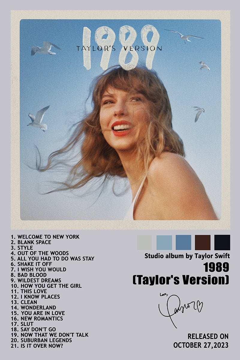 Taylor Swift 1989 Taylor's Version wall art print with a smiling portrait, flying seagulls, tracklist, and release date.