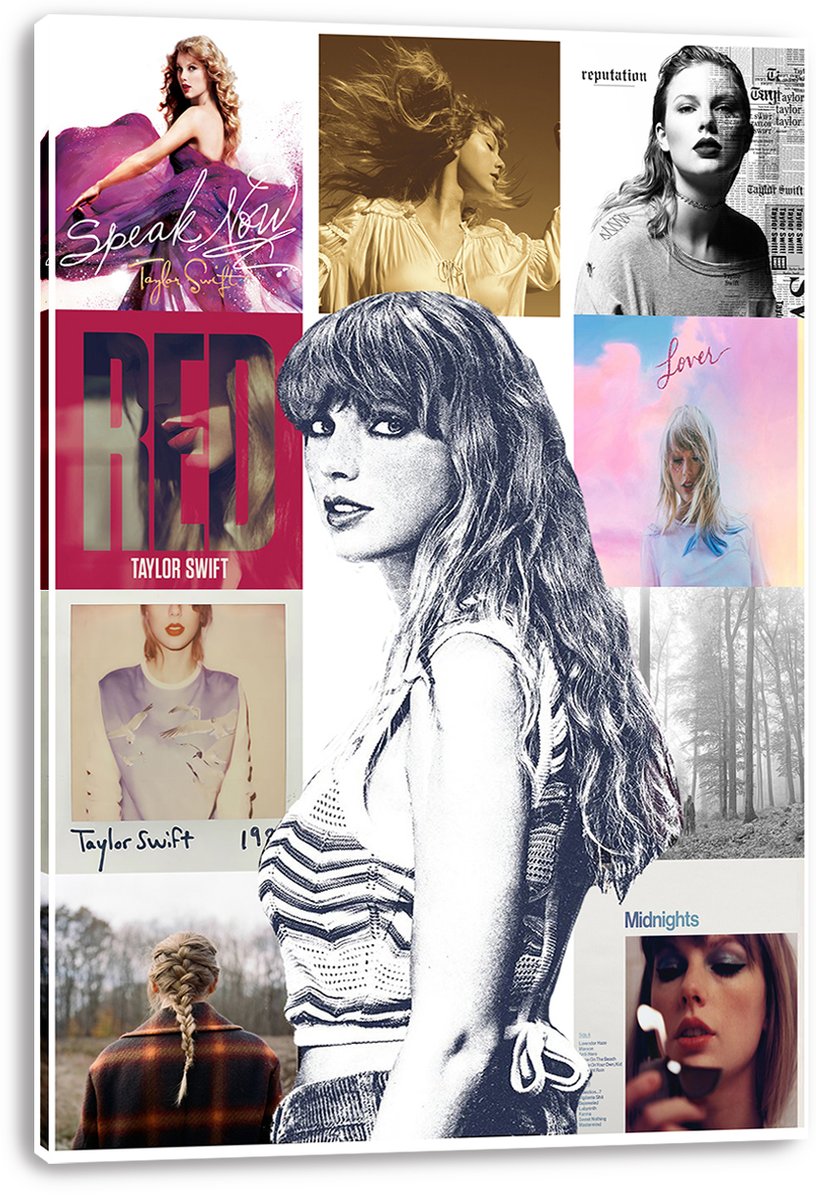 Taylor Swift canvas wall art print featuring a central monochrome portrait and Speak Now, Red, Lover, Reputation, and Midnights panels.