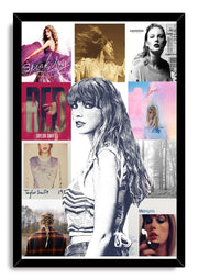 Taylor Swift framed wall art print with a black border, central monochrome portrait, and surrounding colorful album artwork collage.