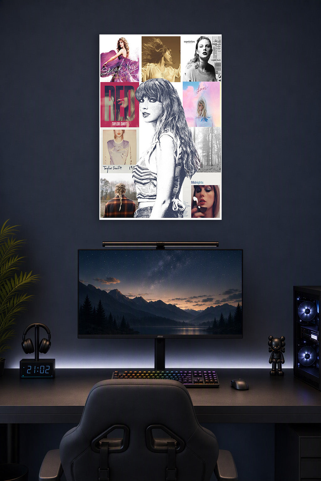 Taylor Swift Album Art Collage in a gaming desk setup above a monitor.