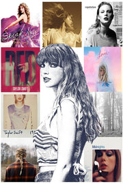 Taylor Swift wall art print collage with a central black-and-white portrait surrounded by colorful album-era panels.