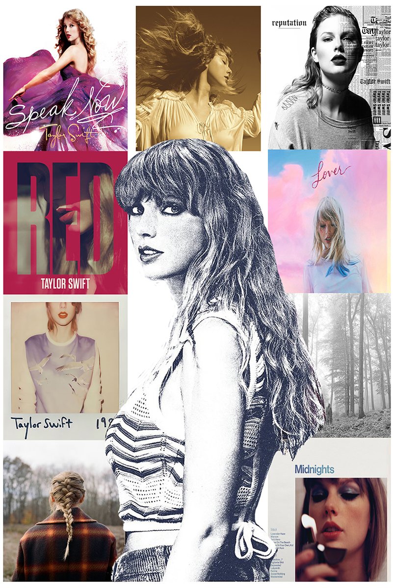 Taylor Swift wall art print collage with a central black-and-white portrait surrounded by colorful album-era panels.