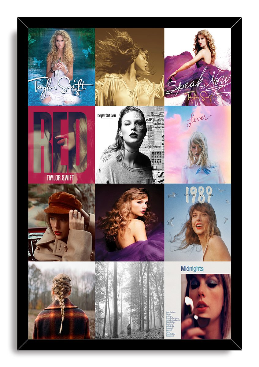 Taylor Swift album covers framed wall art print in a black frame, with 12 colorful portrait and landscape-inspired cover panels.