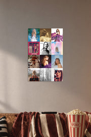 Taylor Swift Album Covers in a cozy movie room above a brown sofa with popcorn.