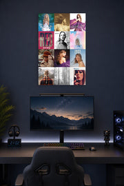 Taylor Swift Album Covers in a gaming desk setup above a monitor.