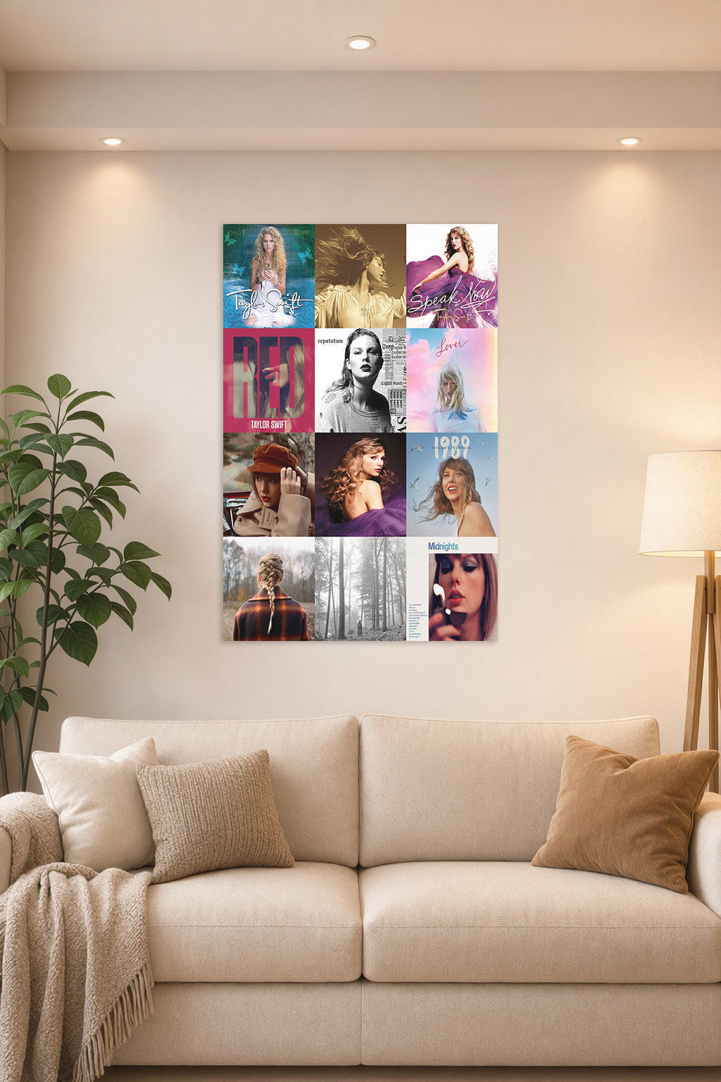Taylor Swift Album Covers in a bright living room above a beige sofa.