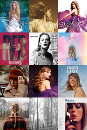 Taylor Swift album covers wall art print arranged in a 12-panel collage with portraits, forest scenes, and colorful title graphics.