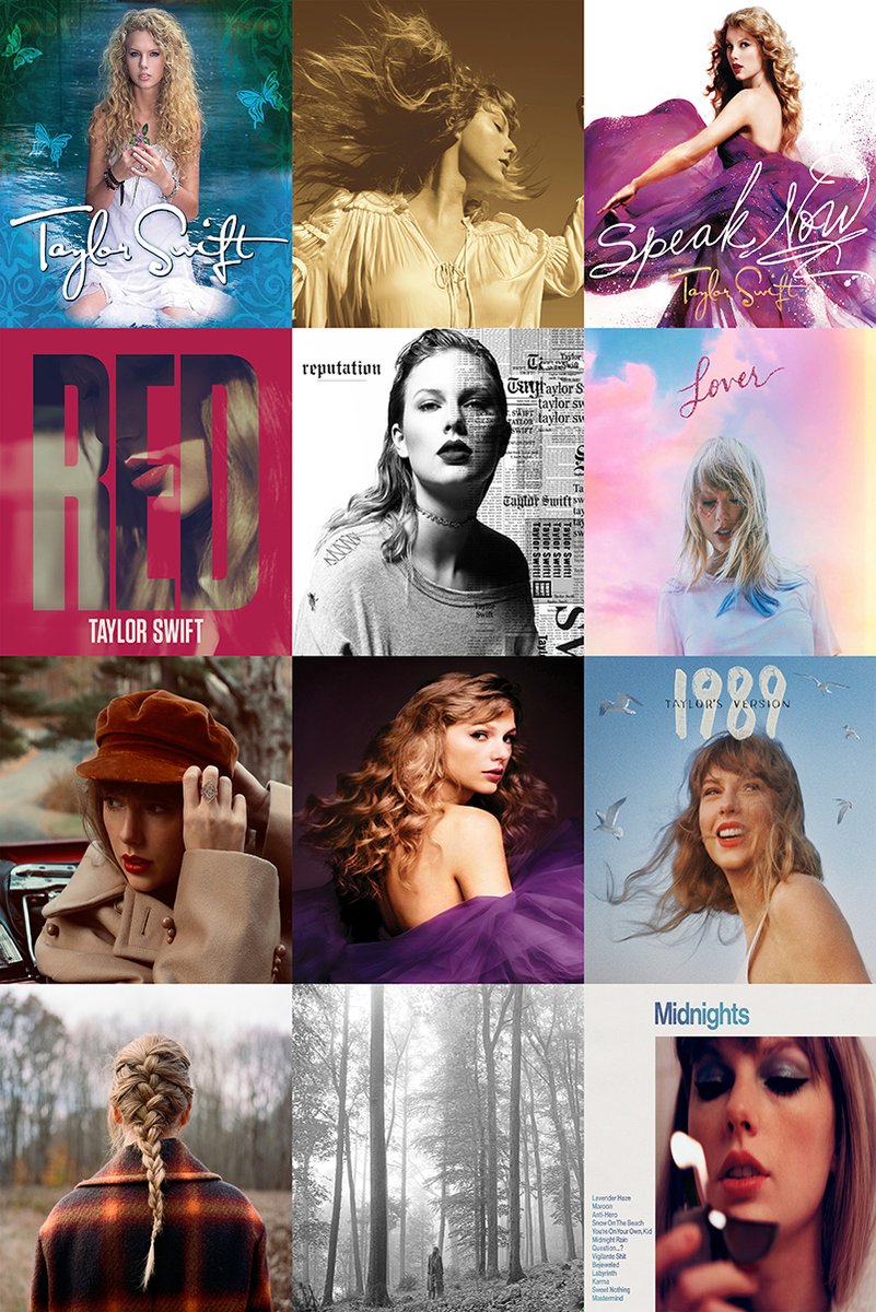 Taylor Swift album covers wall art print arranged in a 12-panel collage with portraits, forest scenes, and colorful title graphics.