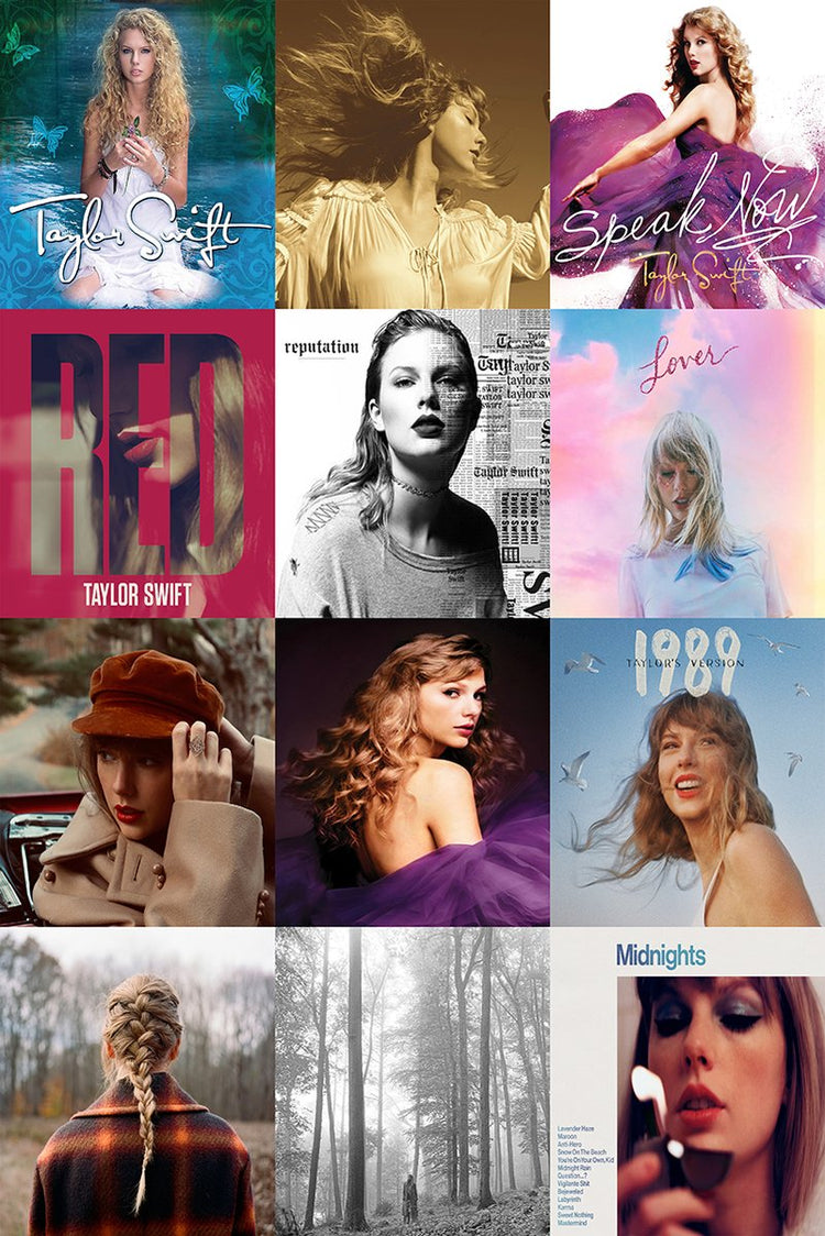 Taylor Swift album covers wall art print arranged in a 12-panel collage with portraits, forest scenes, and colorful title graphics.