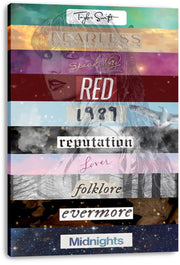 Taylor Swift canvas wall art print with colorful horizontal album-era bands over a portrait, displayed with wrapped edges.