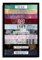 Taylor Swift framed wall art print featuring a portrait collage and labeled album eras in a black frame.