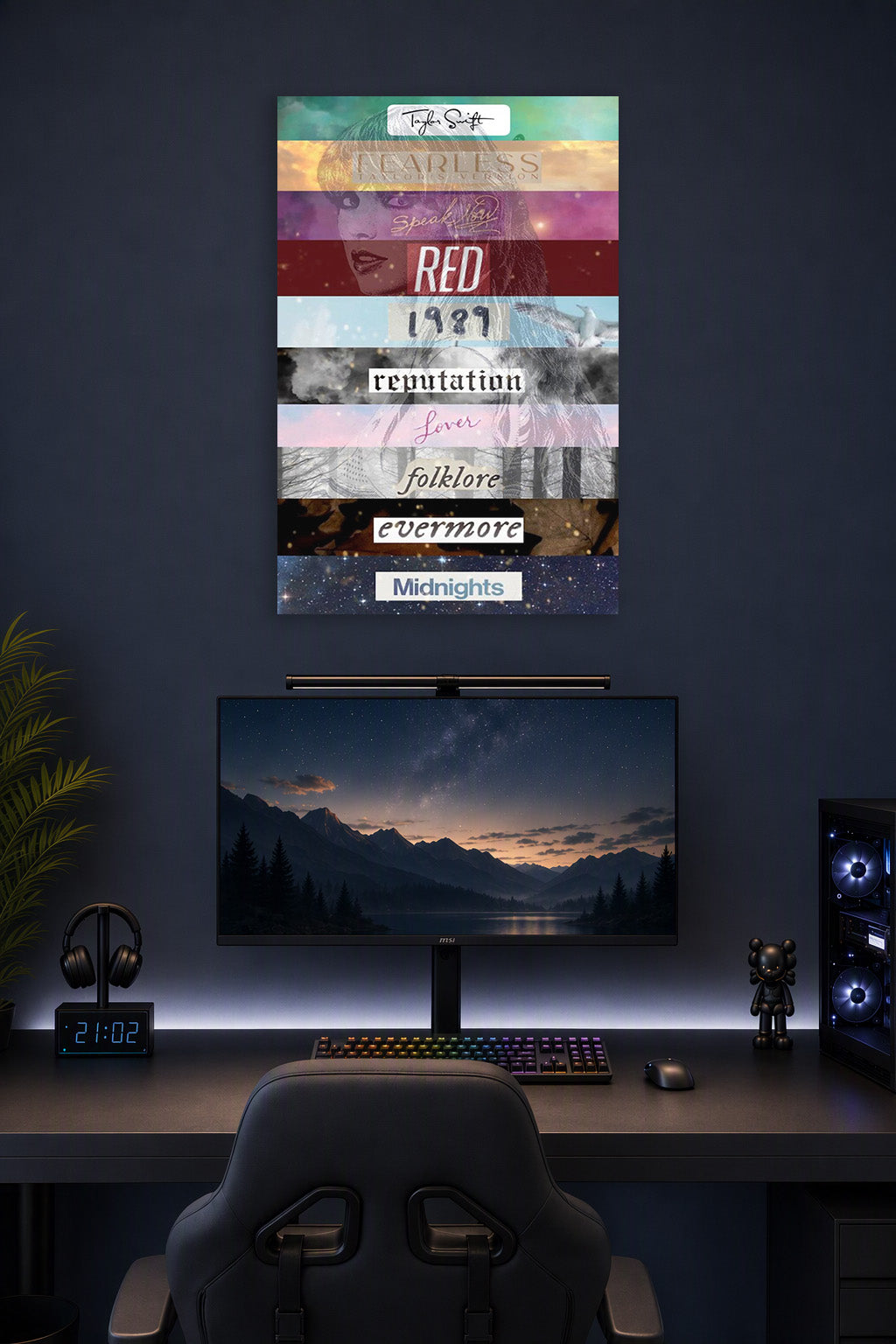 Taylor Swift Album Eras in a gaming desk setup above a monitor.