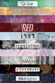 Taylor Swift wall art print collage with a portrait layered beneath colorful bands naming ten album eras.