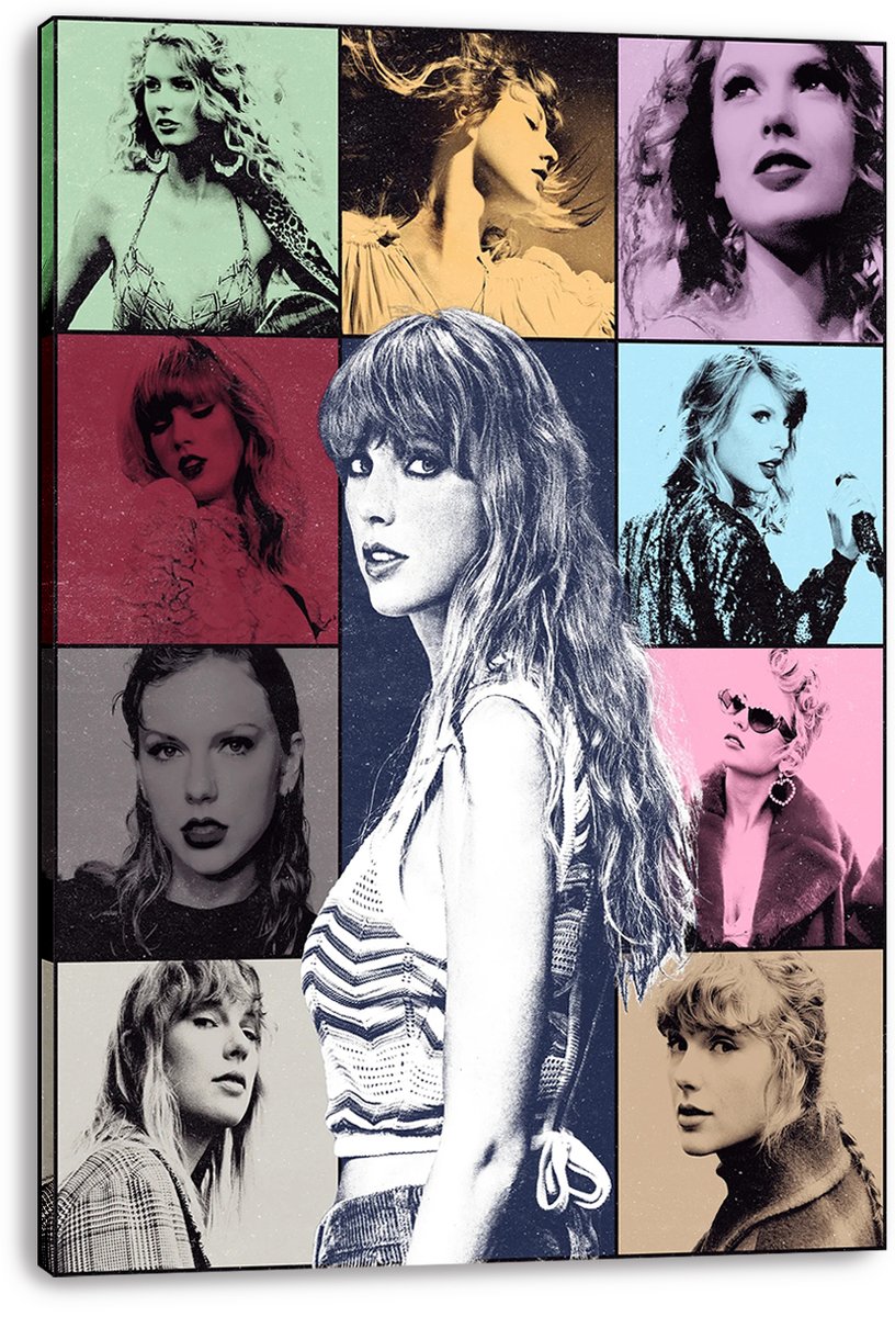 Taylor Swift canvas wall art print featuring a central monochrome portrait and eight vintage-style panels in mint, gold, pink, and blue.