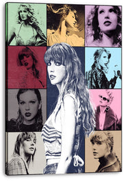 Taylor Swift canvas wall art print featuring a central monochrome portrait and eight vintage-style panels in mint, gold, pink, and blue.