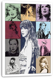 Taylor Swift canvas wall art print featuring nine stylized singer portraits in mint, gold, lavender, red, blue, pink, and gray.